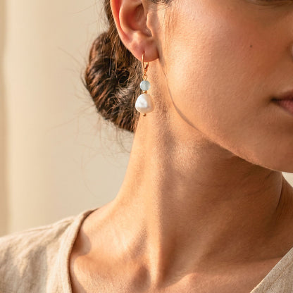 Aquamarine gemstone pearl earrings