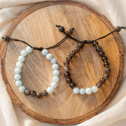 black obsidian and aquamarine adjustable couple bracelet