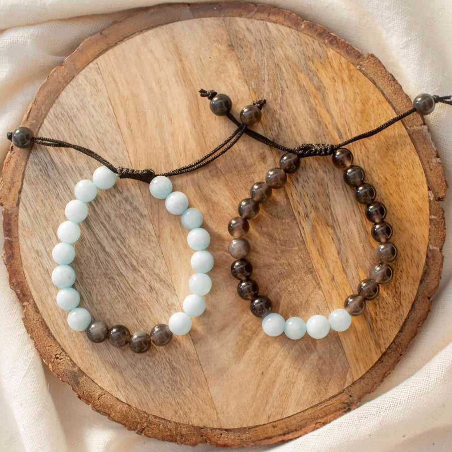 black obsidian and aquamarine adjustable couple bracelet