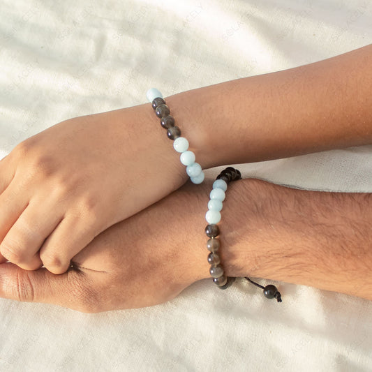 cute adjustable aquamarine and black obsidian couple bracelet 