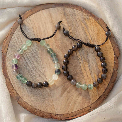 rainbow fluorite and black obsidian adjustable bracelet