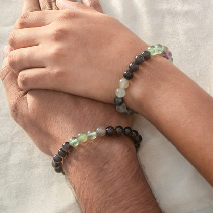 matching rainbow fluorite and black obsidian bracelet