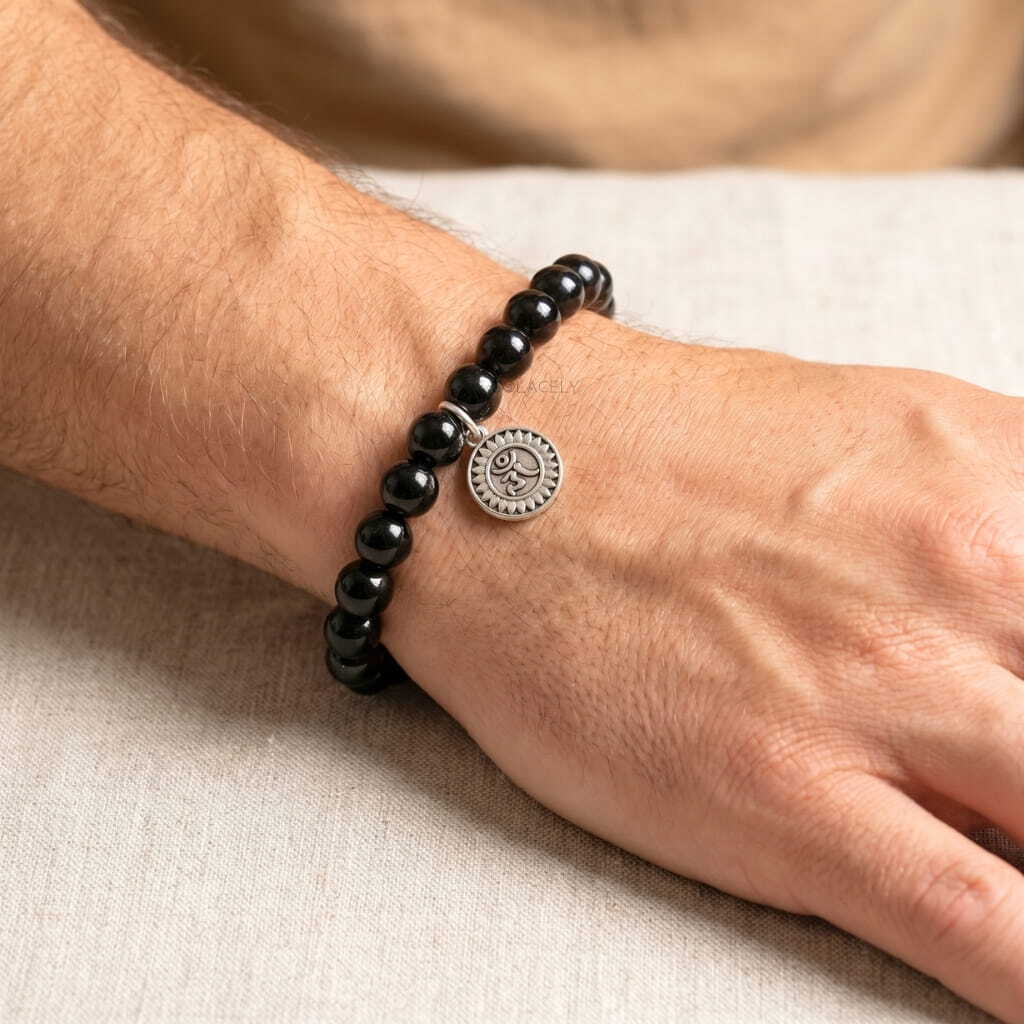 Black obsidian om charm bracelet