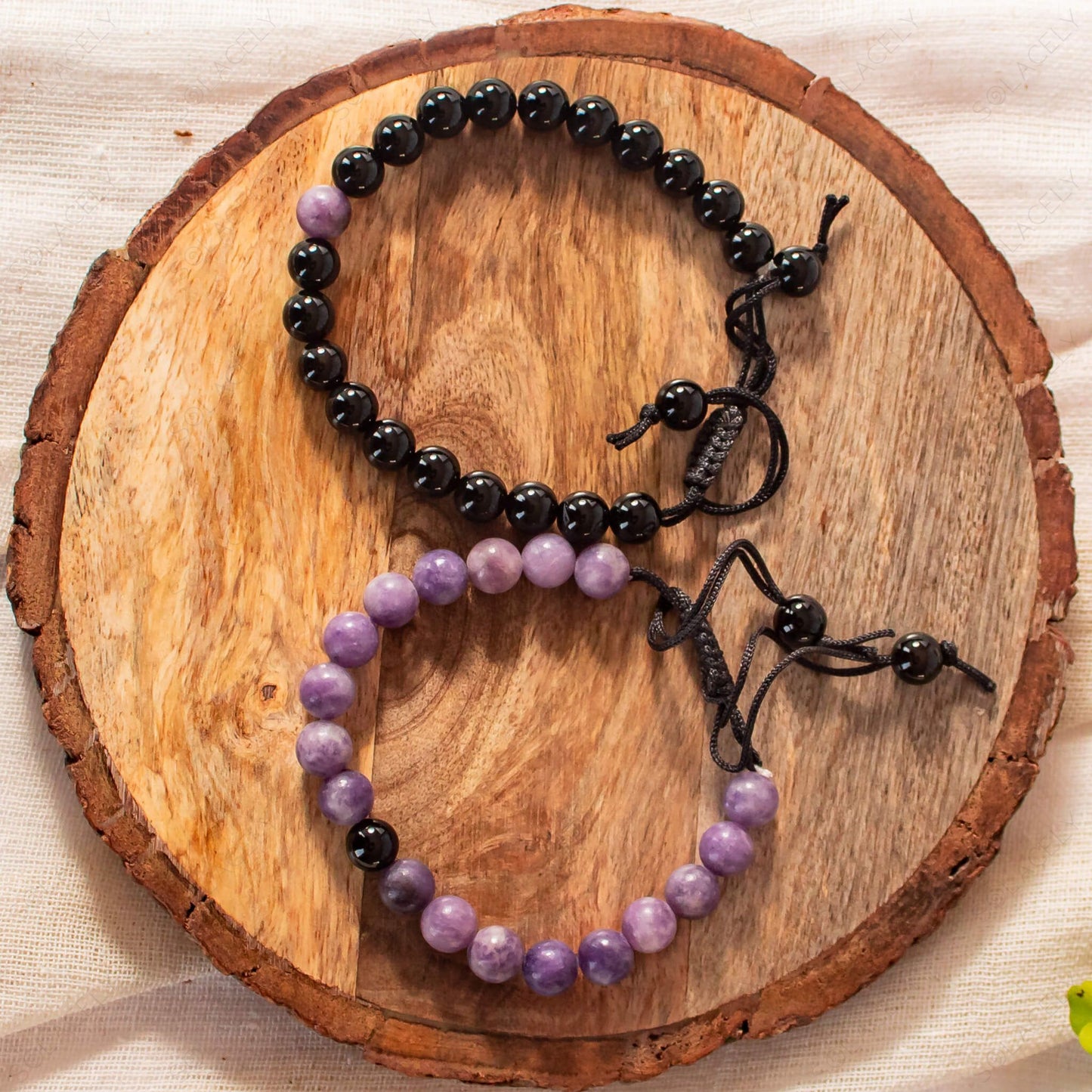  Set of lepidolite and black tourmaline couple bracelets