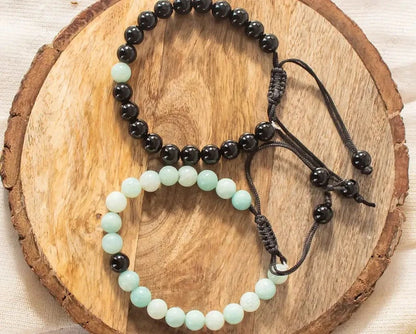 amazonite and black tourmaline crystal couple bracelet
