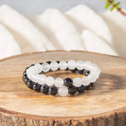 black tourmaline with moonstone couple bracelet with love