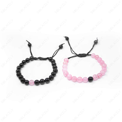 rose quartz and black tourmaline adjustable couple bracelet 