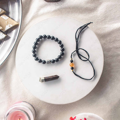 black tourmaline rakhi, black tormaline bracelet and tigers eye pendant gift for brother