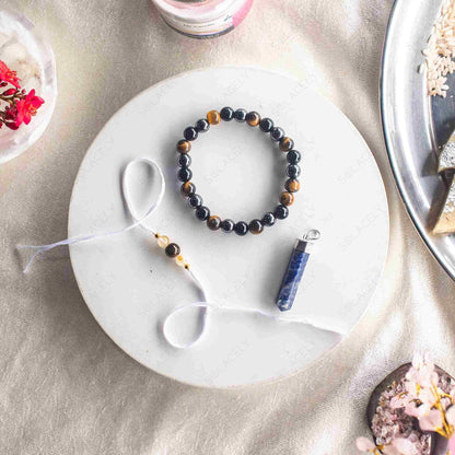 rakhi gift hamper with protection bracelet and lapis lazuli pendant