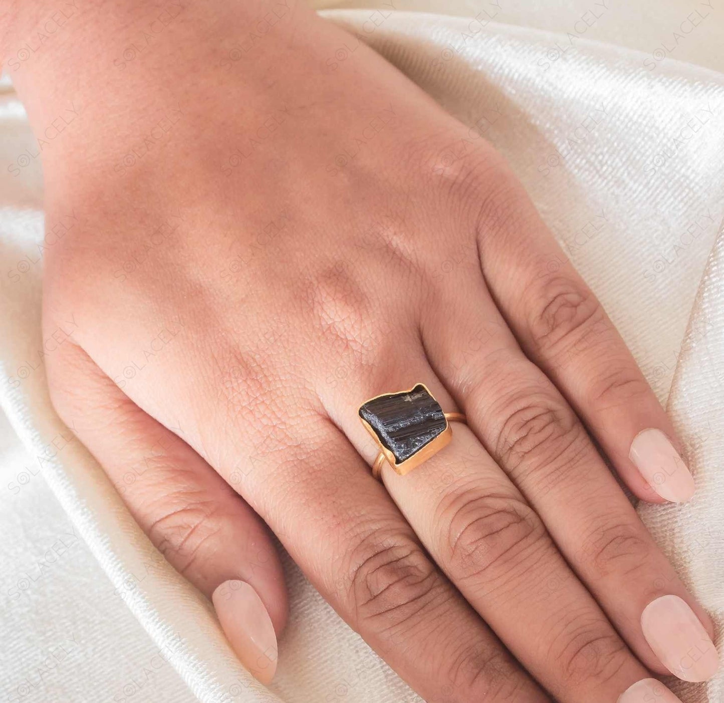raw stone black tourmaline ring