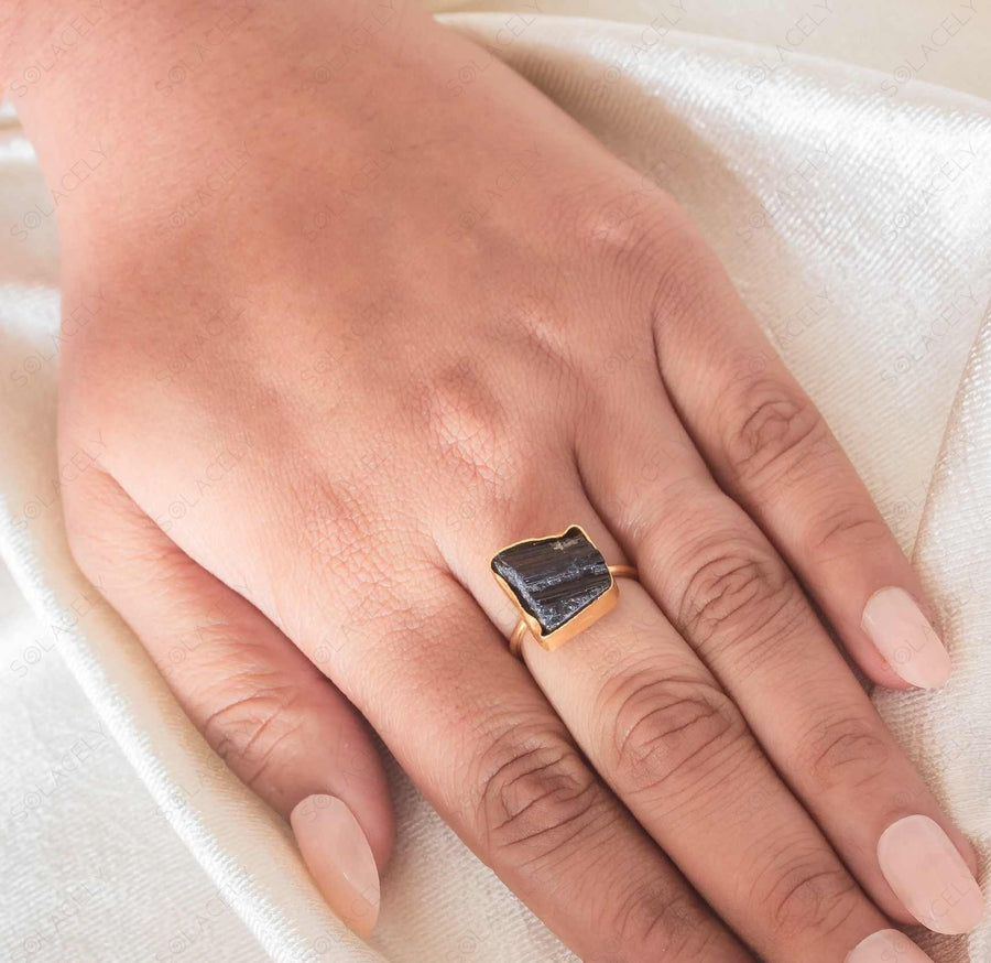 raw stone black tourmaline ring