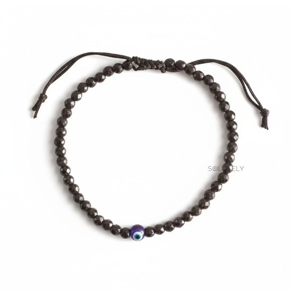 Black Tourmaline Anklet with Evil Eye