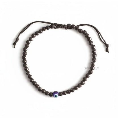 Black Tourmaline Anklet with Evil Eye and 4mm Faceted Beads