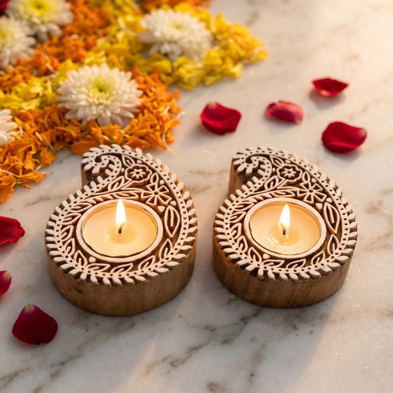 Blossom paisley carved wooden tealight holder