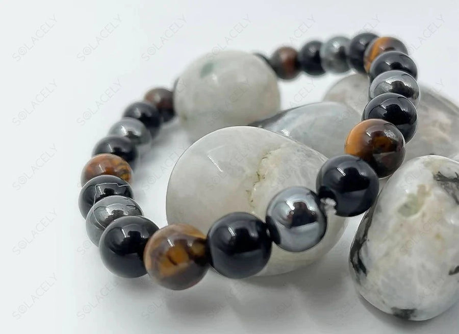 Beads of Hematite, Tiger's Eye and Black Tourmaline 