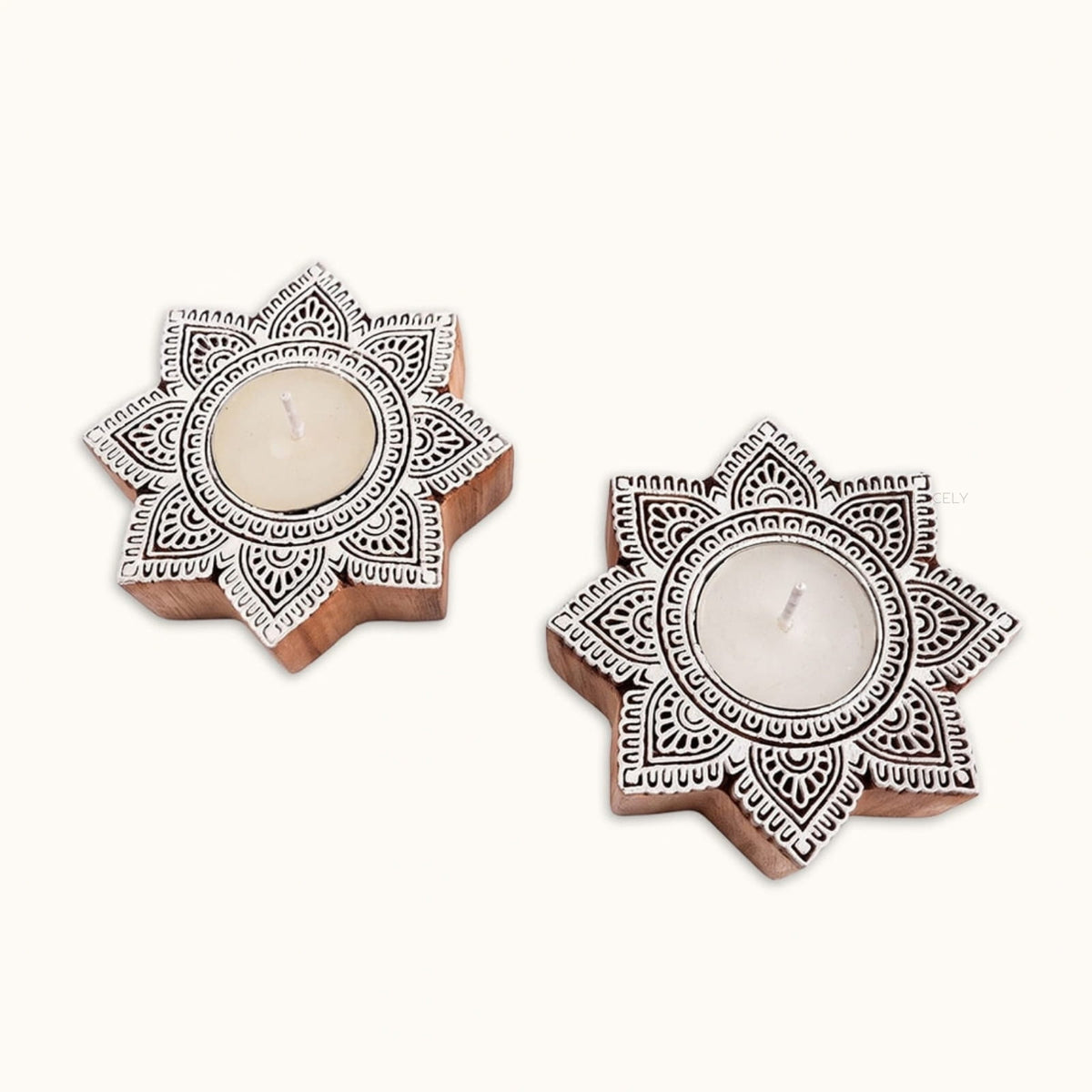 Carved wood mandala candle holder pair