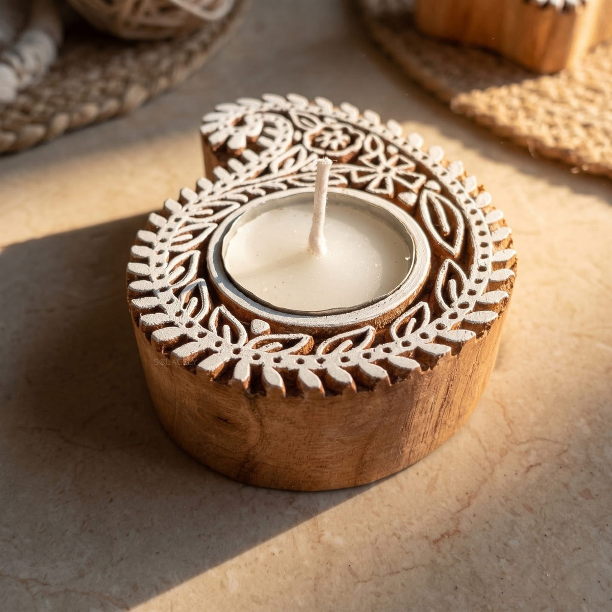 Carved wood tealight holders set of two
