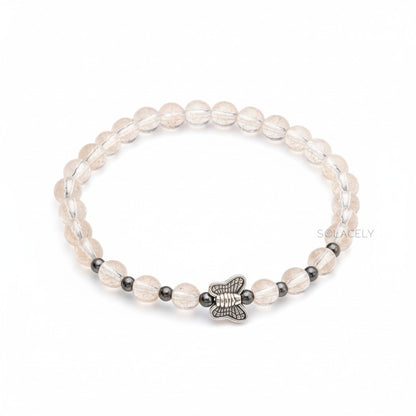 Clear Quartz Bracelet With Silver Butterfly Charm - 6mm Beads