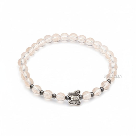 Clear Quartz Bracelet With Silver Butterfly Charm - 6mm Beads