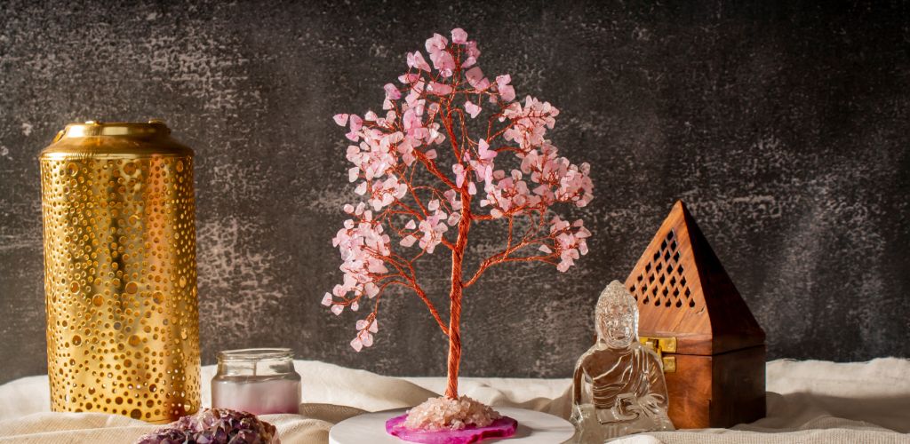 Rose quartz crystal tree, natural soft pink stone