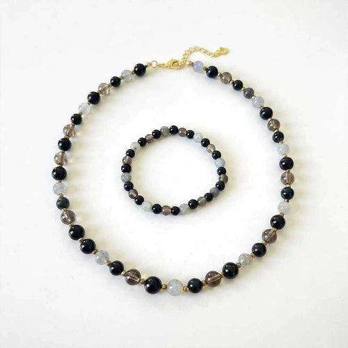 Black bead bracelet and matching black beaded loop