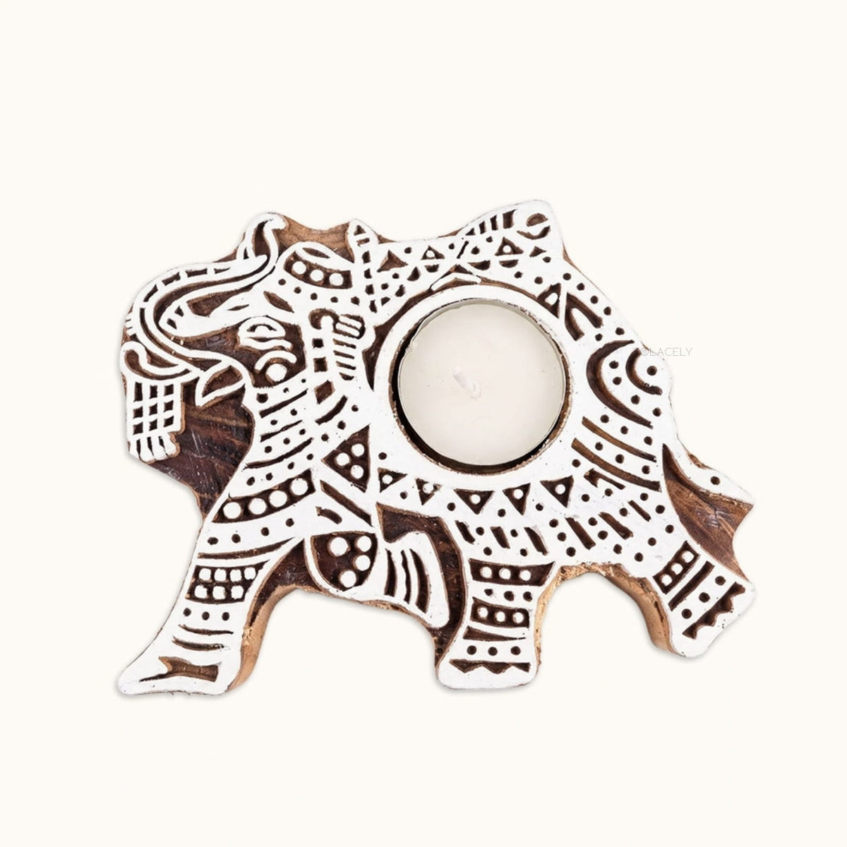 Elephant carved wood candle holder