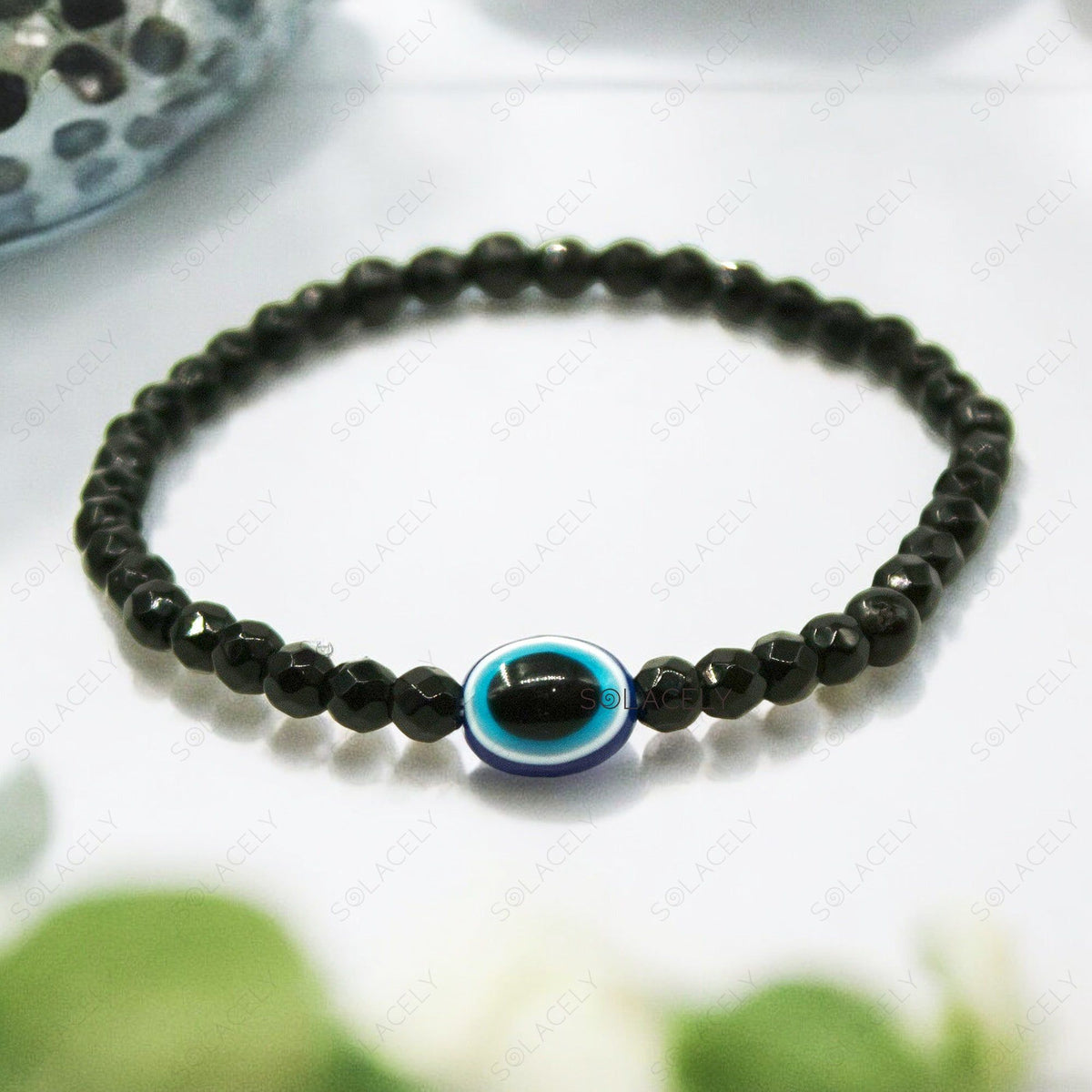 Faceted Black Tourmaline & Evil Eye Bracelet