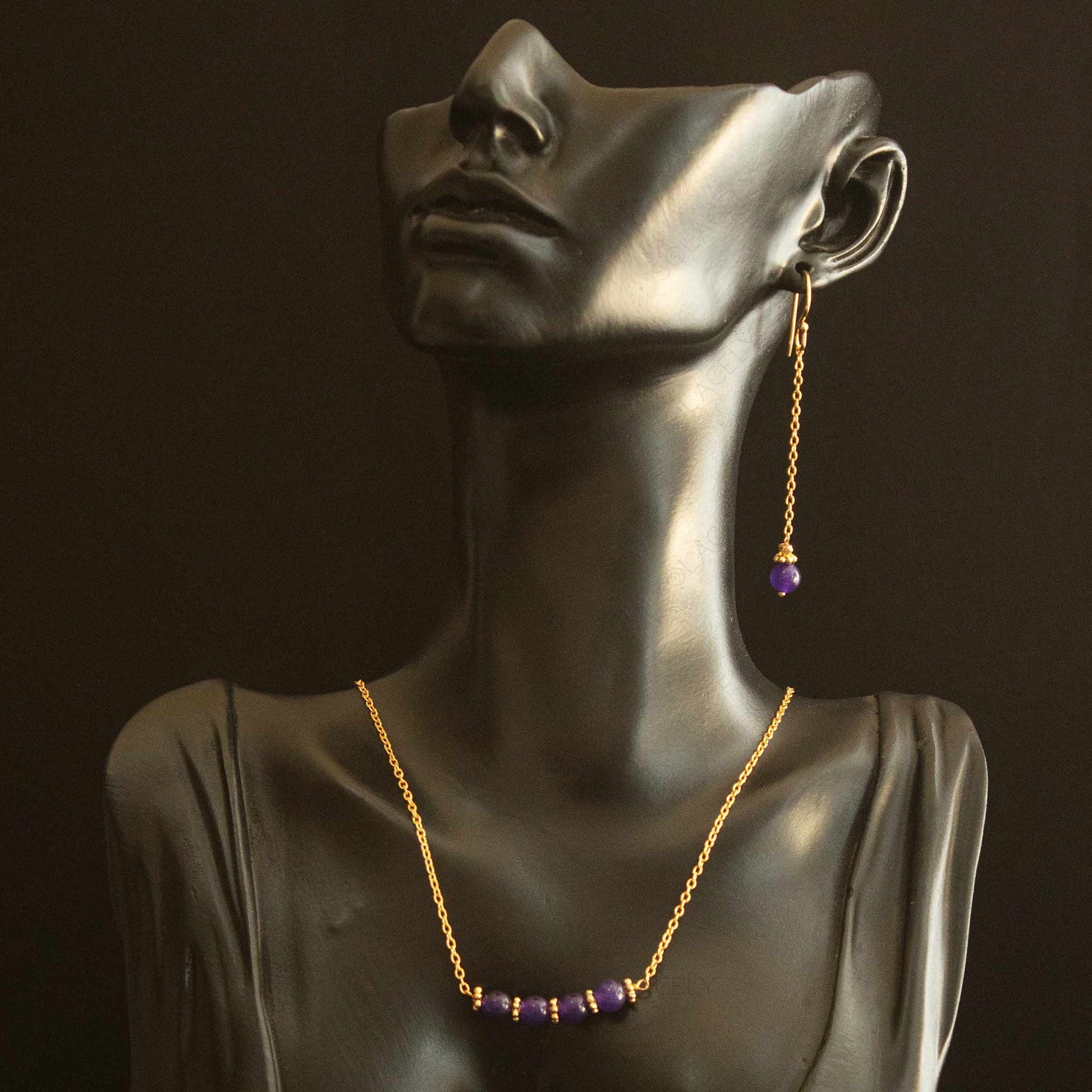 gold plated amethyst necklace and earring set