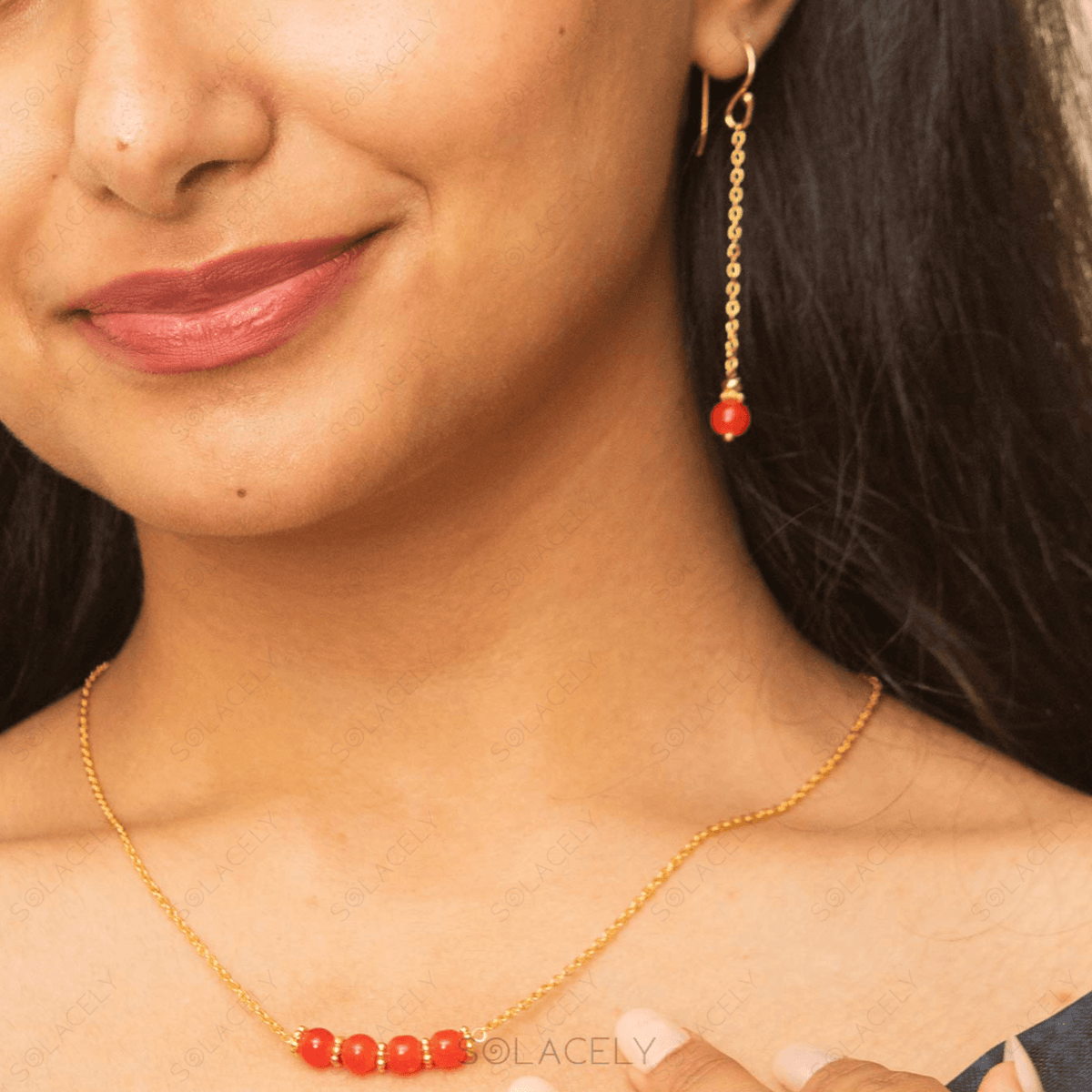 gold plated carnelian necklace and earring set