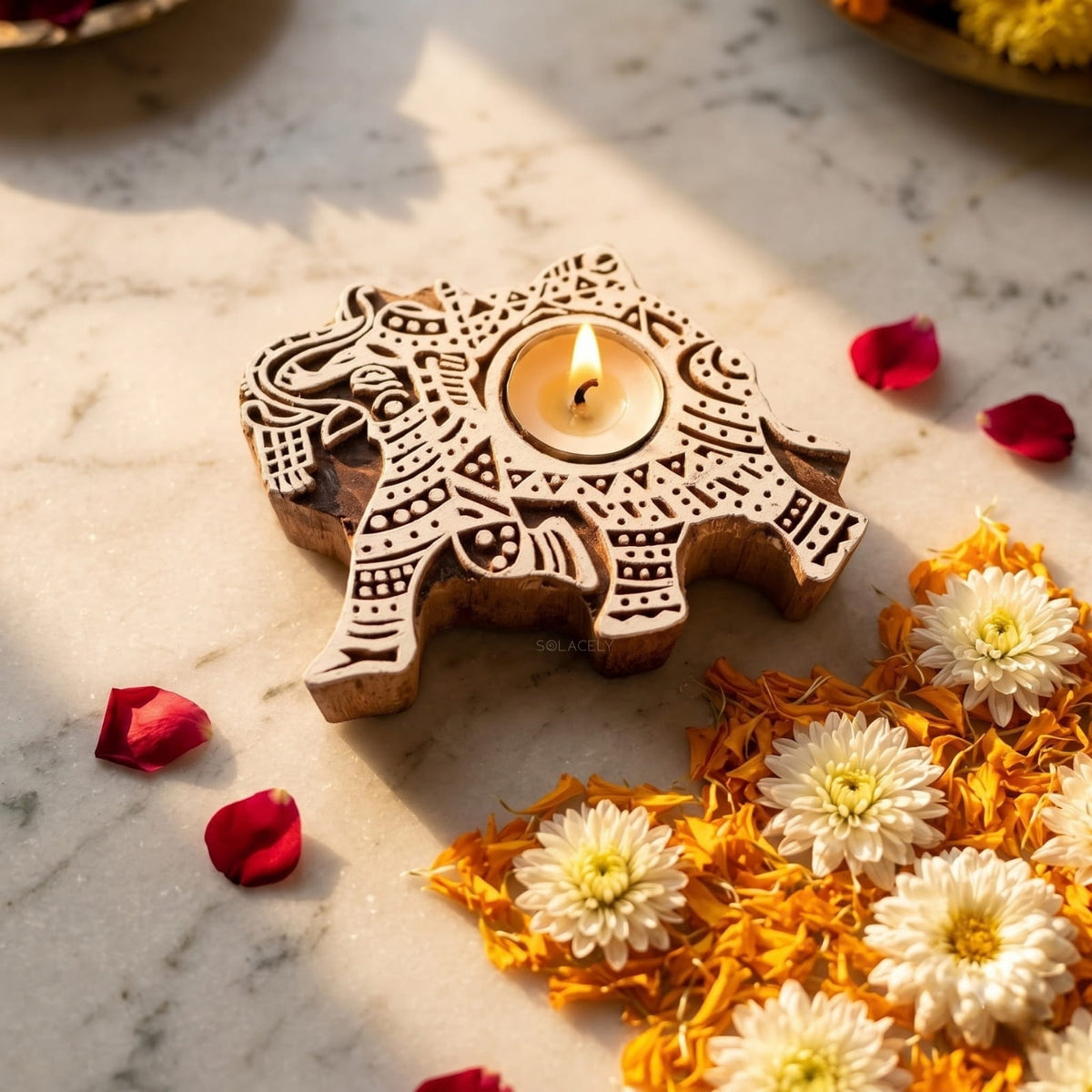 Guardian elephant carved wooden tealight holder