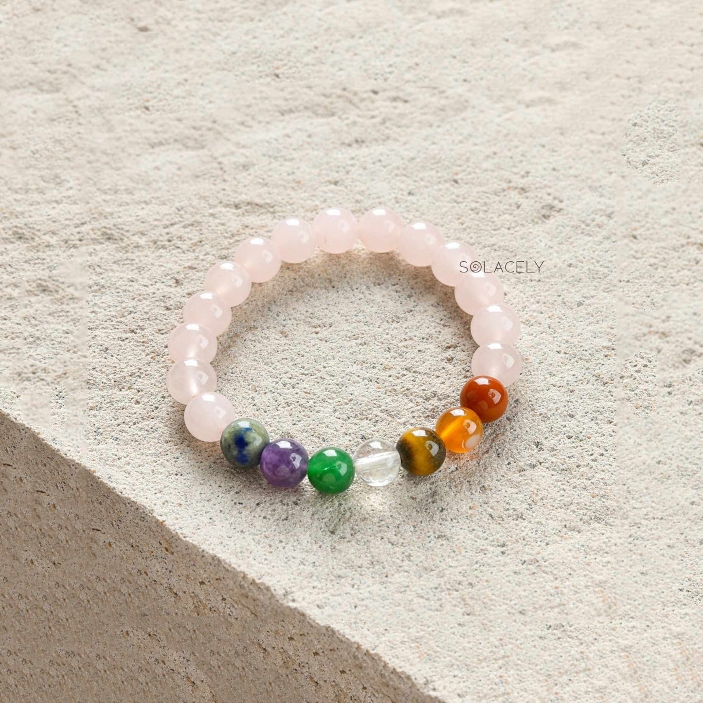 Handmade rose quartz seven chakra bracelet