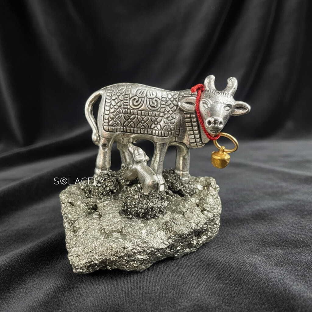 Kamdhenu Cow with Calf on Pyrite Base