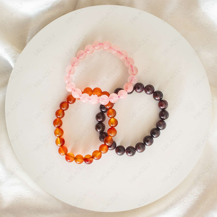 rose quartz, carnelian and garnet 8mm bracelet