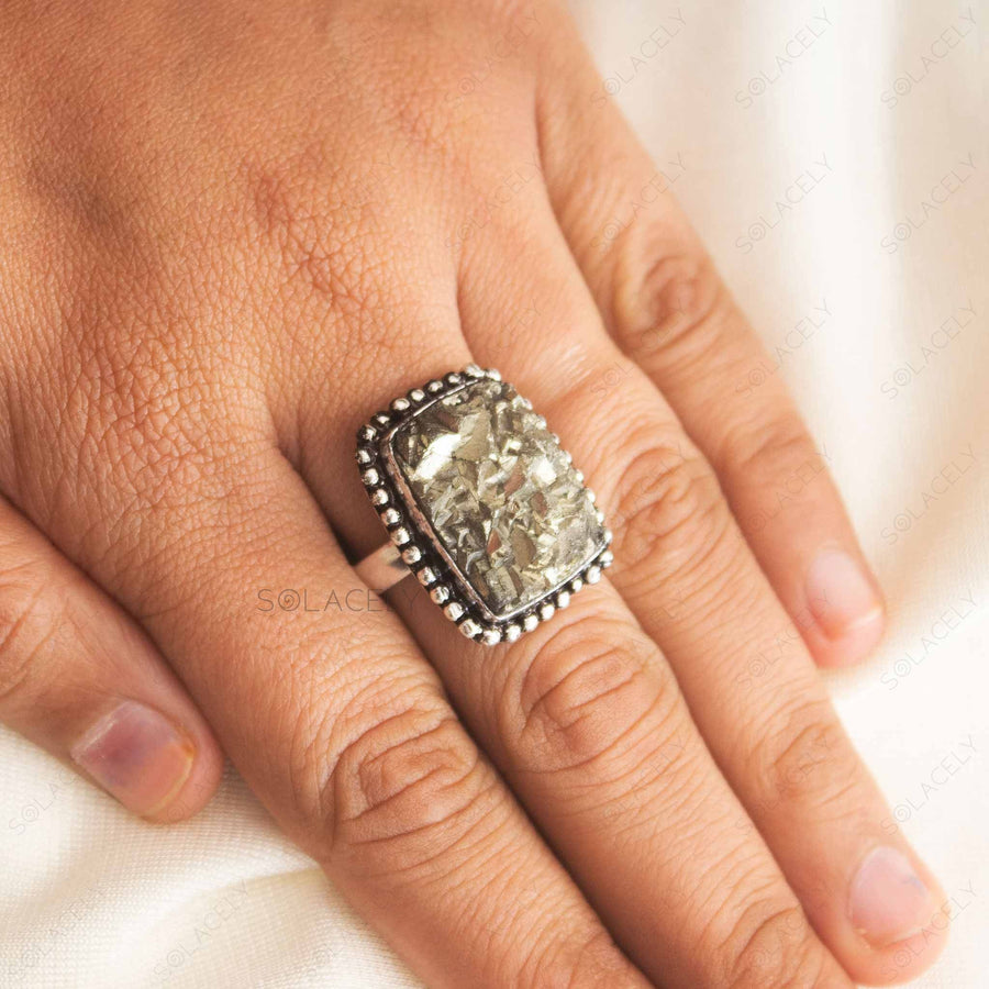 Stone Rig Big Natural Pyrite Stone Ring - Attract Abundance and Prosperity