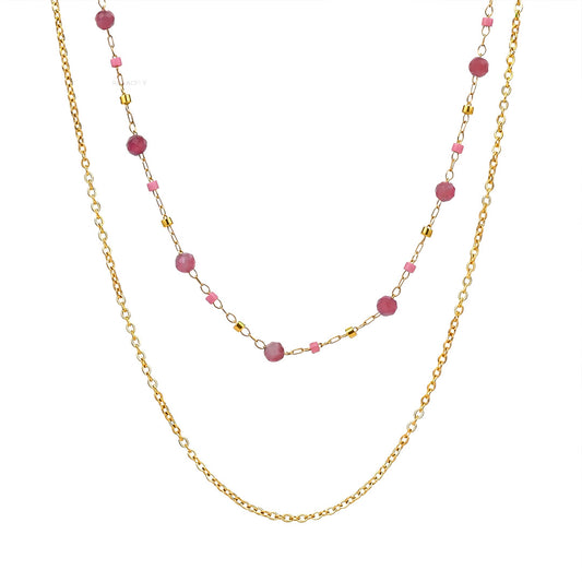 Rose Light Pink Tourmaline Layered Chain Necklace