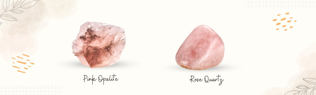 pink opalite and rose quartz pink opalite and green calcite banner image