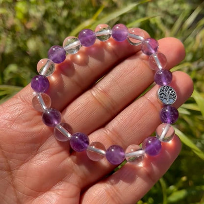 Amethyst And Clear Quartz Bracelet With Tree of Life Charm - 8mm Beads
