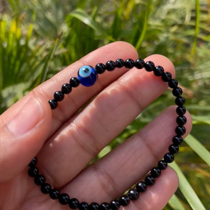 Black Tourmaline Bracelet with Evil Eye - 4mm Beads