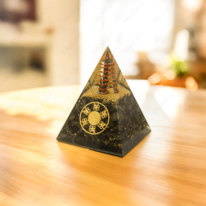 Pyrite Orgone Pyramid on wooden base
