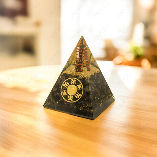 Pyrite Orgone Pyramid on wooden base