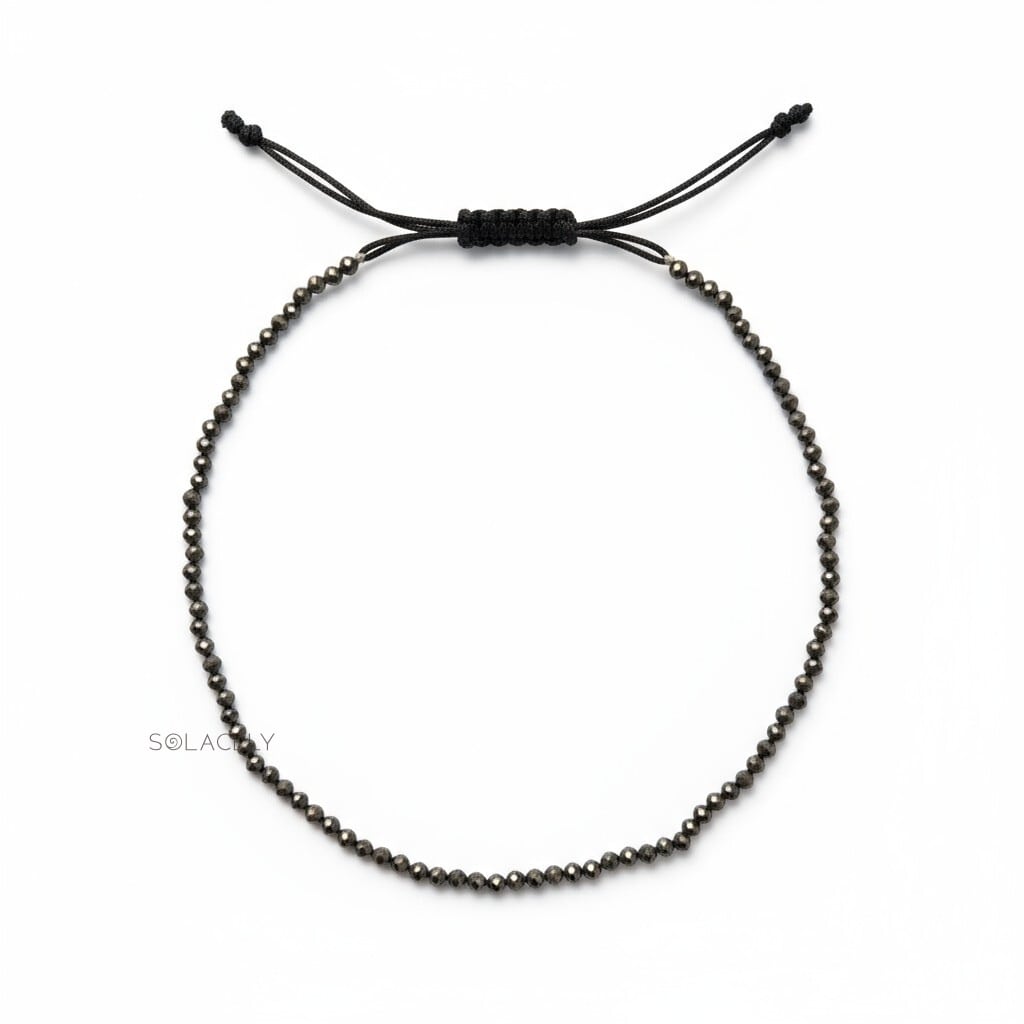 Pyrite crystal anklet, close-up of faceted beads