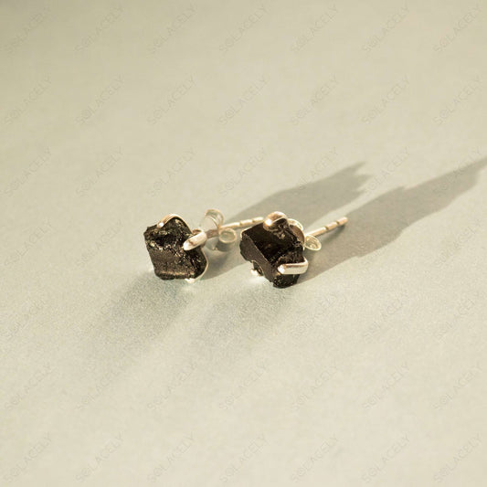raw black tourmaline in sterling silver earrings