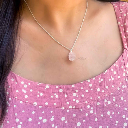 raw rose quartz sterling silver necklace