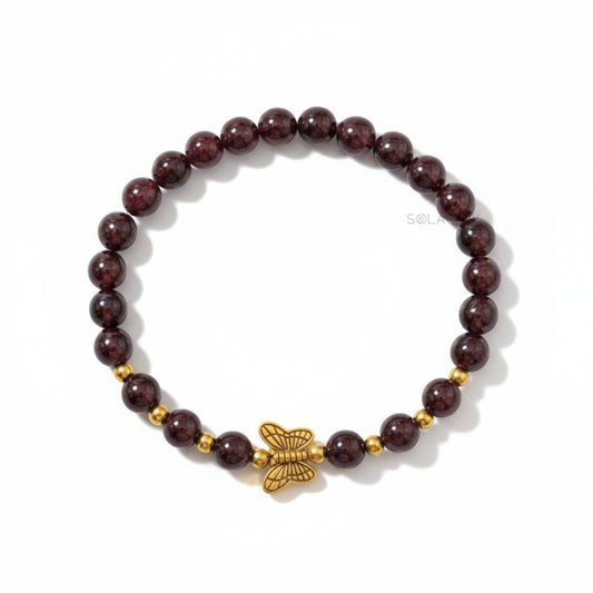 Red Garnet Bracelet With Golden Butterfly Charm - 6mm Beads