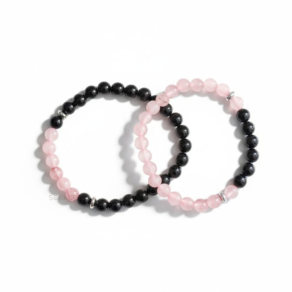 Rose Quartz and Black Tourmaline Couple Bracelet Set