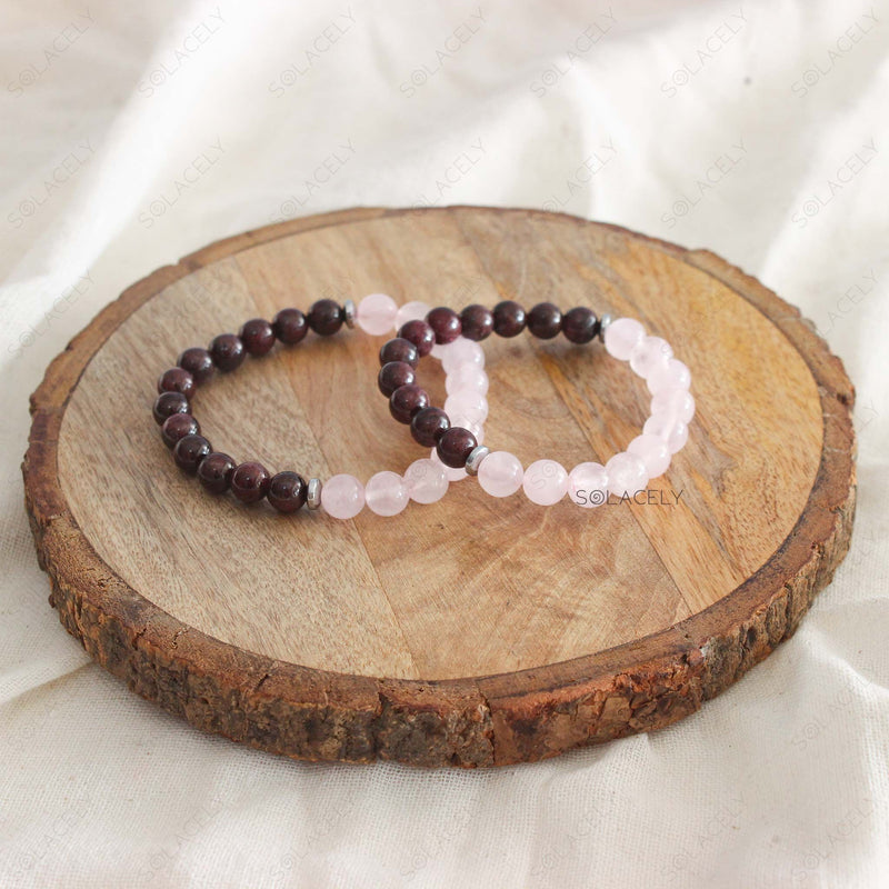 Rose Quartz and Red Garnet Crystal Couple 8mm Beads Bracelet