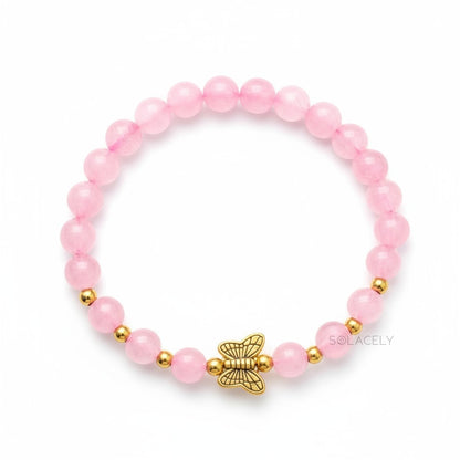 Rose Quartz Bracelet With Golden Butterfly Charm - 6mm Beads