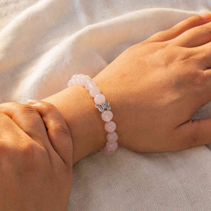 Rose Quartz Bracelet Silver Butterfly Charm