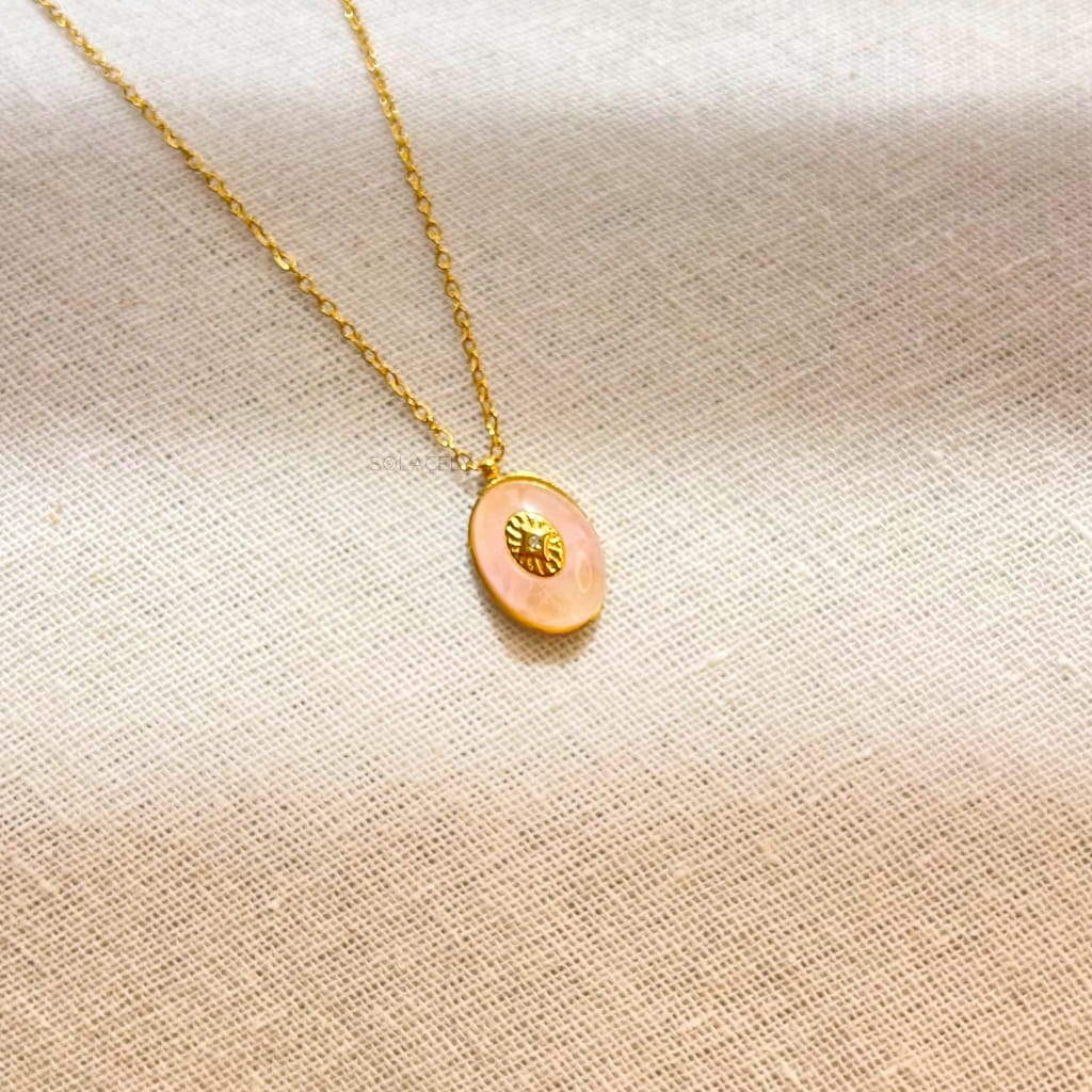 Rose quartz sunburst charm necklace