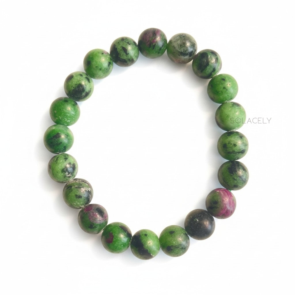 Ruby zoisite bead bracelet, green anyolite with ruby and dark hornblende